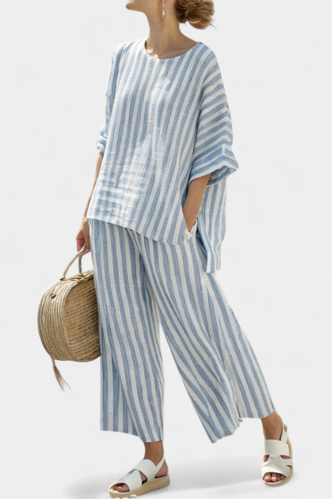 Renie - Sophisticated Striped Linen Top &amp; Relaxed Pants