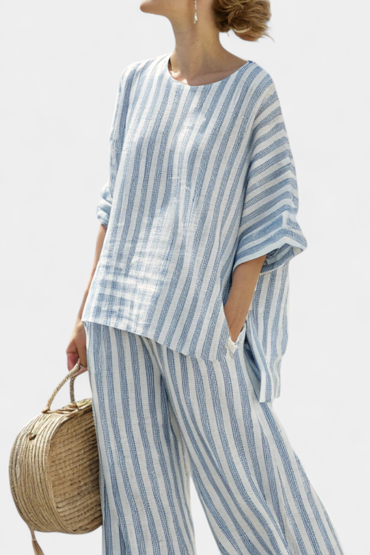 Renie - Sophisticated Striped Linen Top &amp; Relaxed Pants