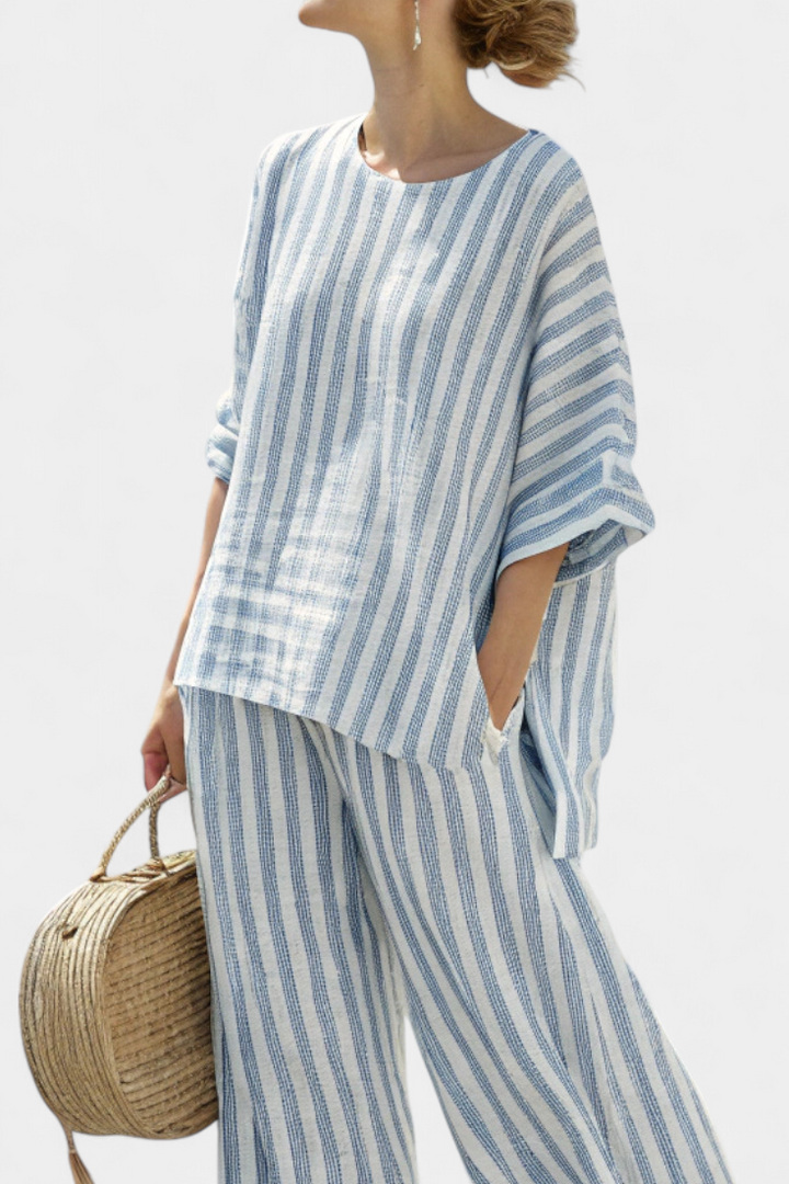Renie - Sophisticated Striped Linen Top &amp; Relaxed Pants