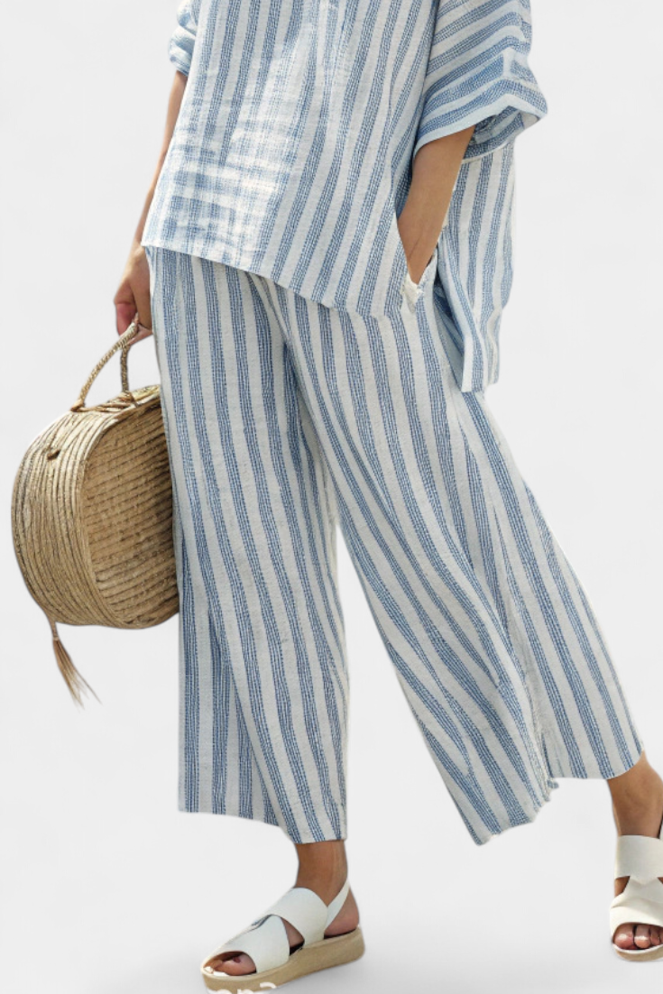 Renie - Sophisticated Striped Linen Top &amp; Relaxed Pants