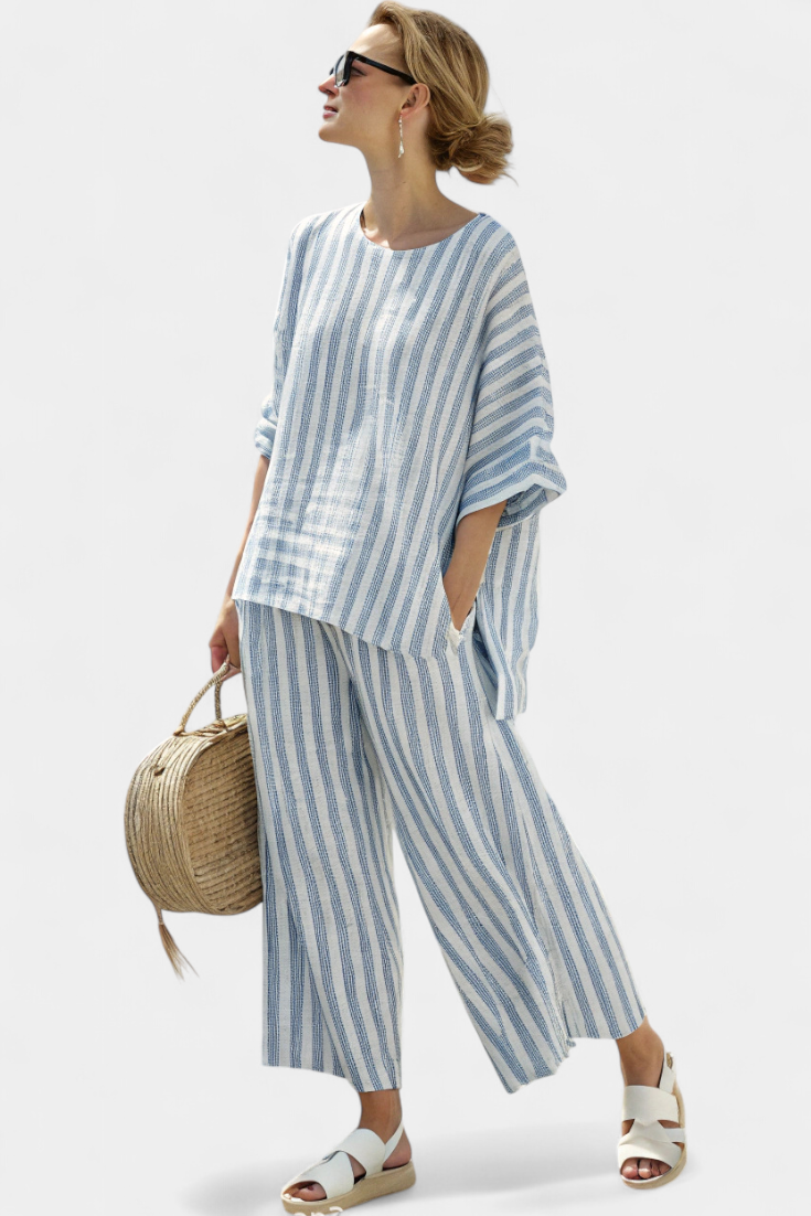 Renie - Sophisticated Striped Linen Top &amp; Relaxed Pants
