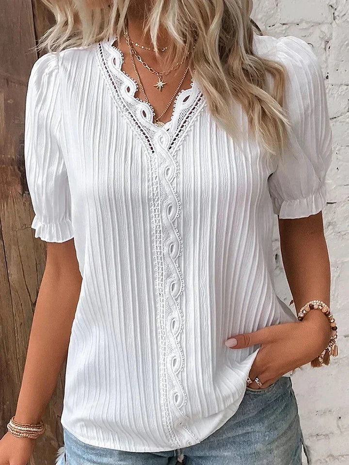 Bea - White V-Neck Blouse with Enchanting Details