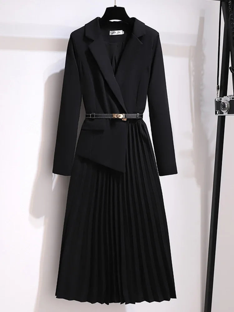 Lora - Elegant Black Pleated Blazer Dress with Belt