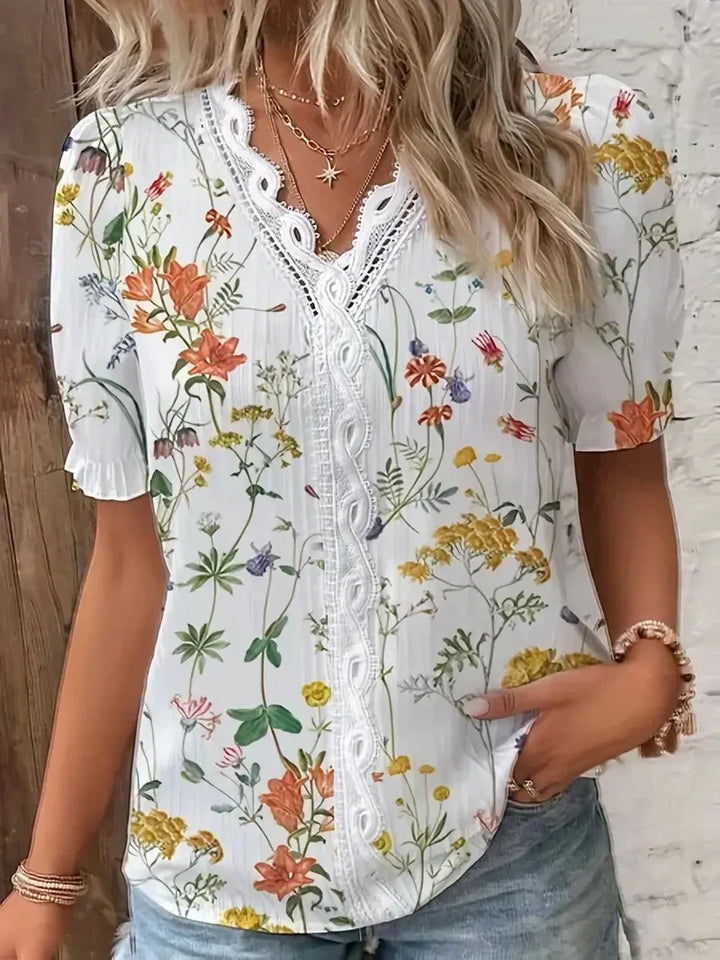 Joann - Comfortable Floral Lace V-Neck Blouse