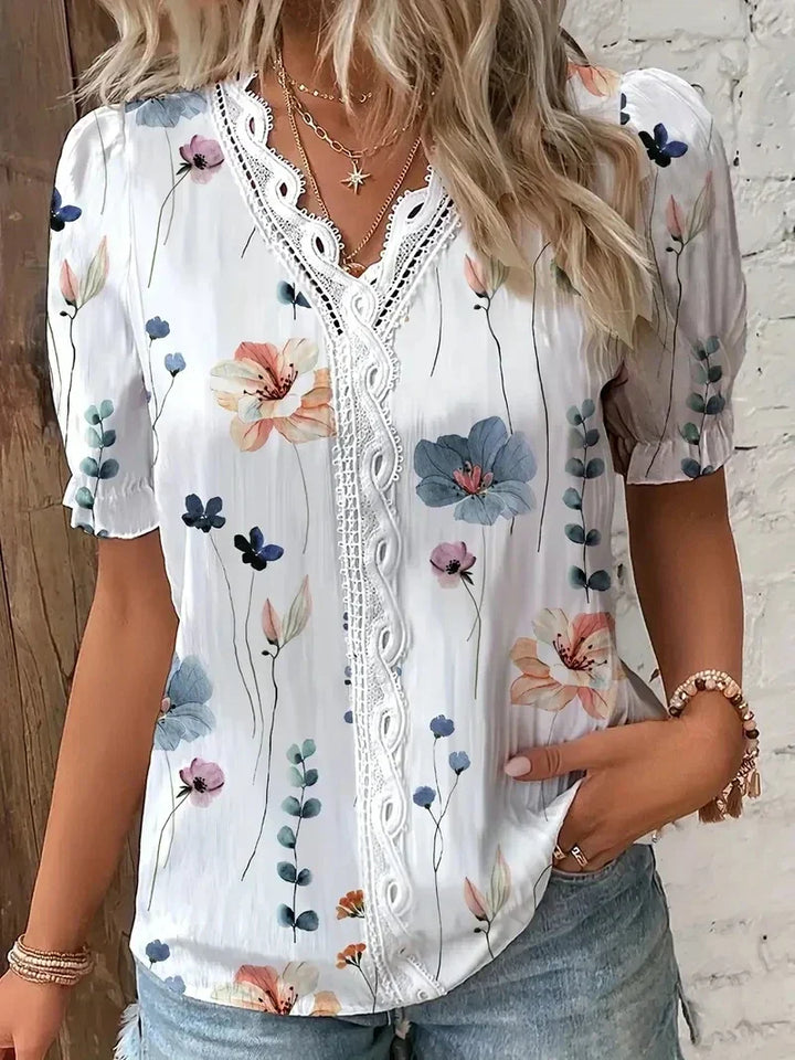 Joann - Comfortable Floral Lace V-Neck Blouse