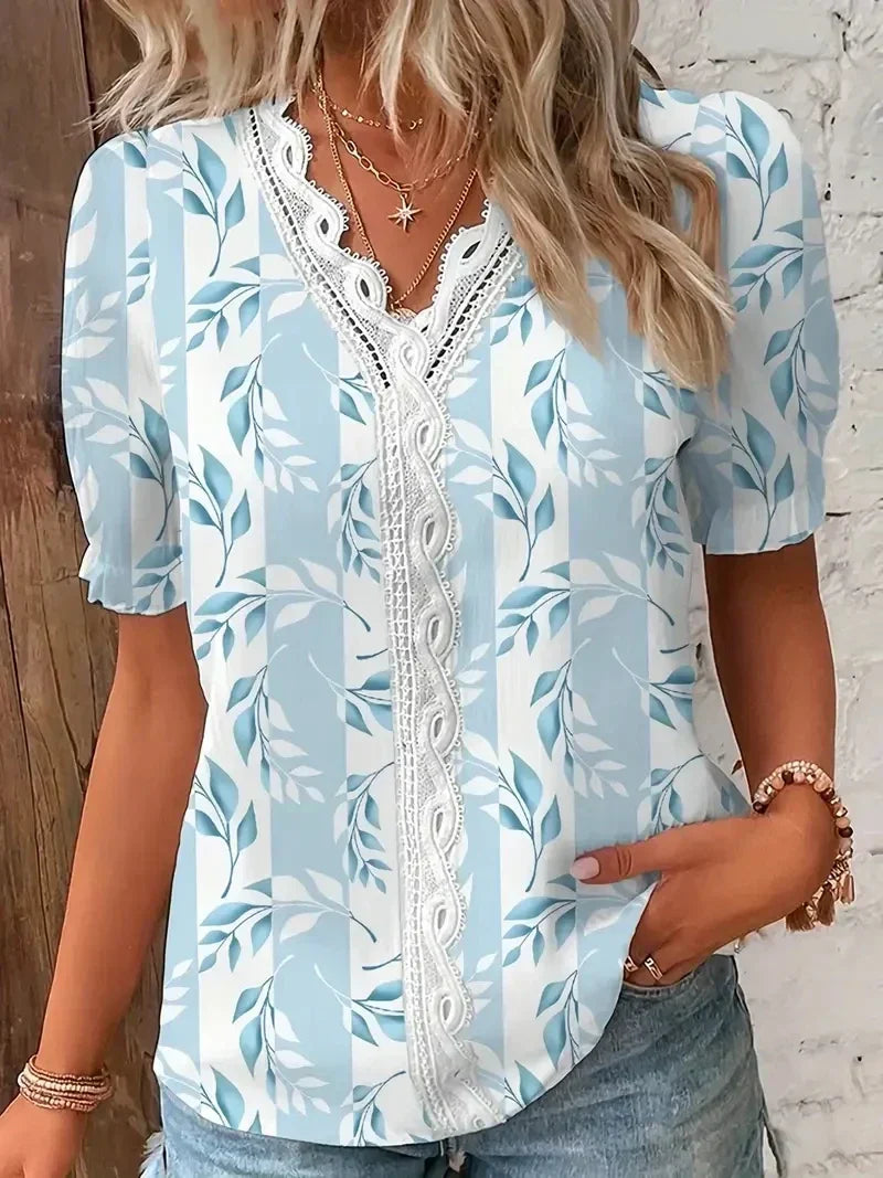 Joann - Comfortable Floral Lace V-Neck Blouse