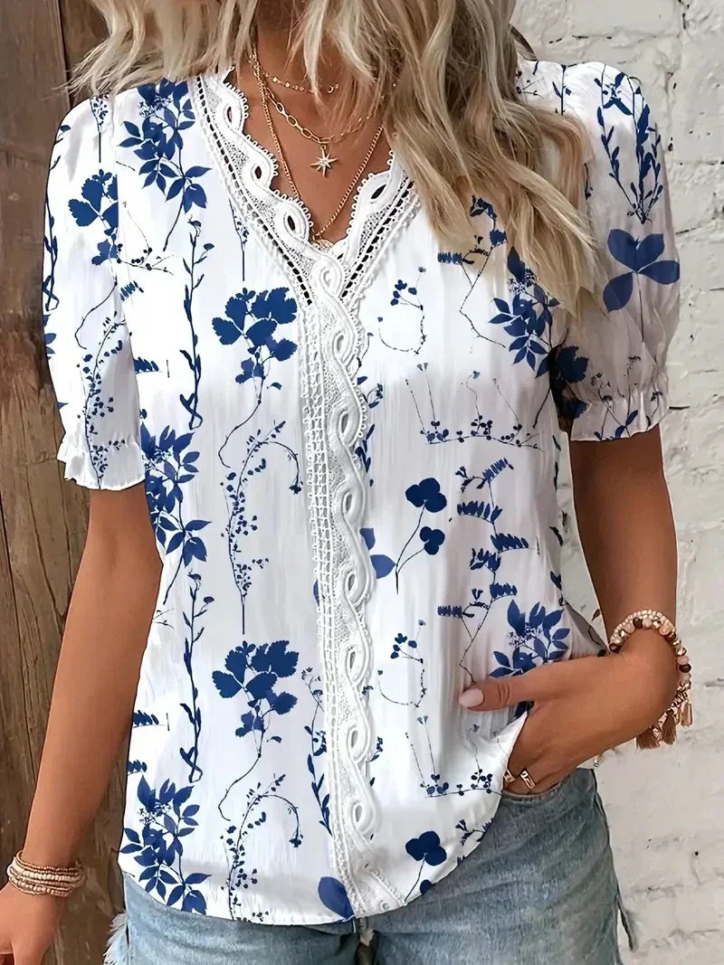 Joann - Comfortable Floral Lace V-Neck Blouse