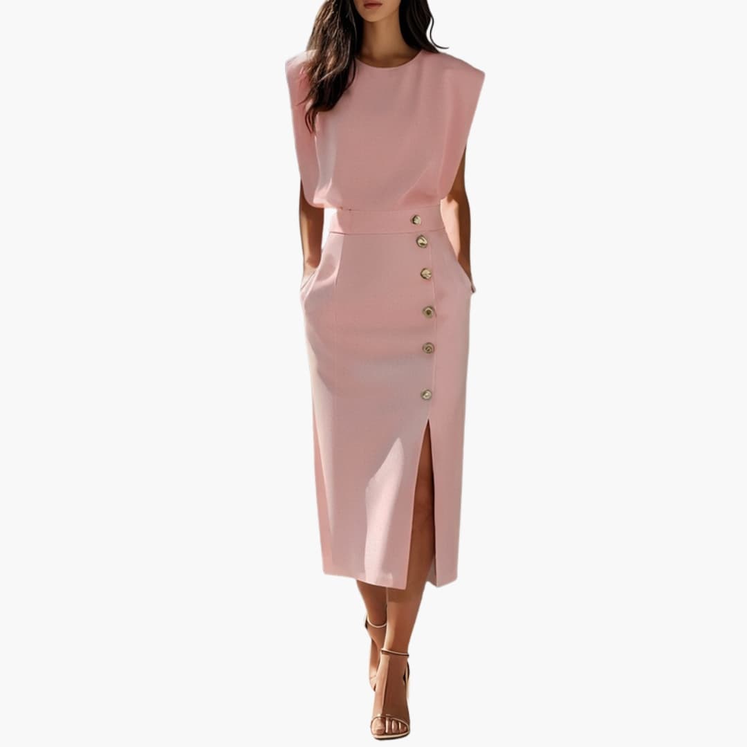 Carol - Women’s Formal Midi Dress with Button Slit