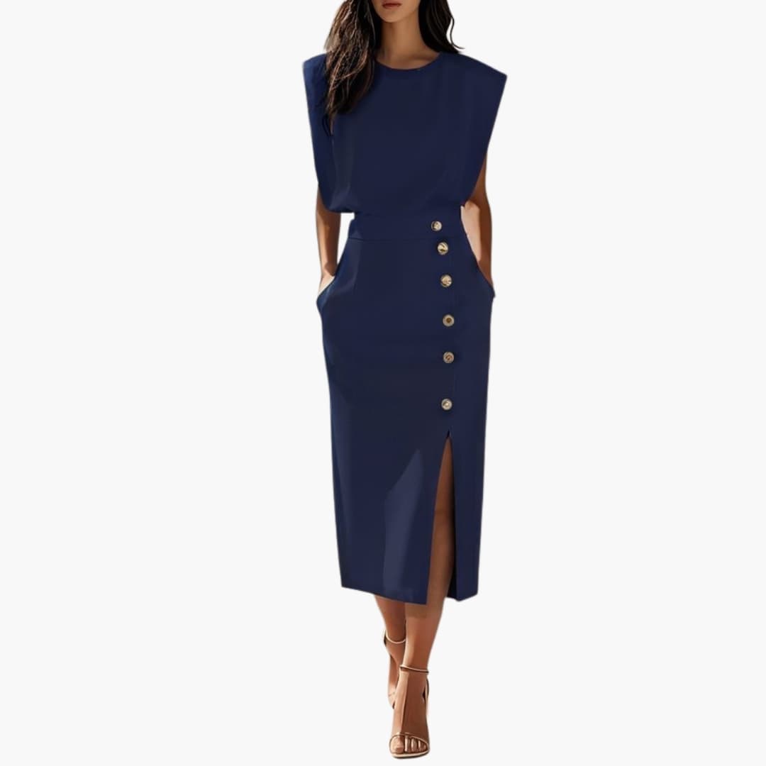 Carol - Women’s Formal Midi Dress with Button Slit