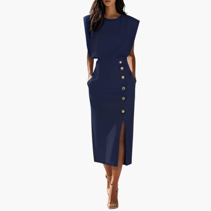Carol - Women’s Formal Midi Dress with Button Slit