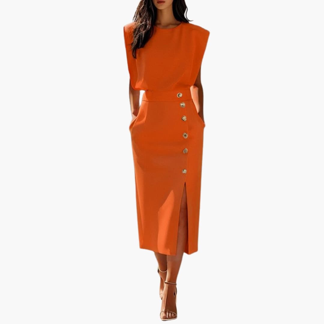 Carol - Women’s Formal Midi Dress with Button Slit