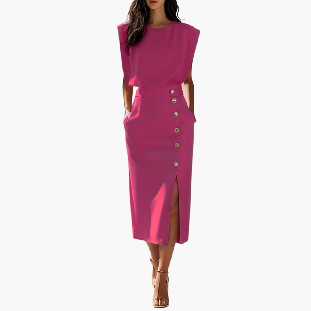 Carol - Women’s Formal Midi Dress with Button Slit