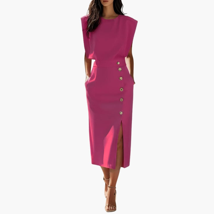 Carol - Women’s Formal Midi Dress with Button Slit