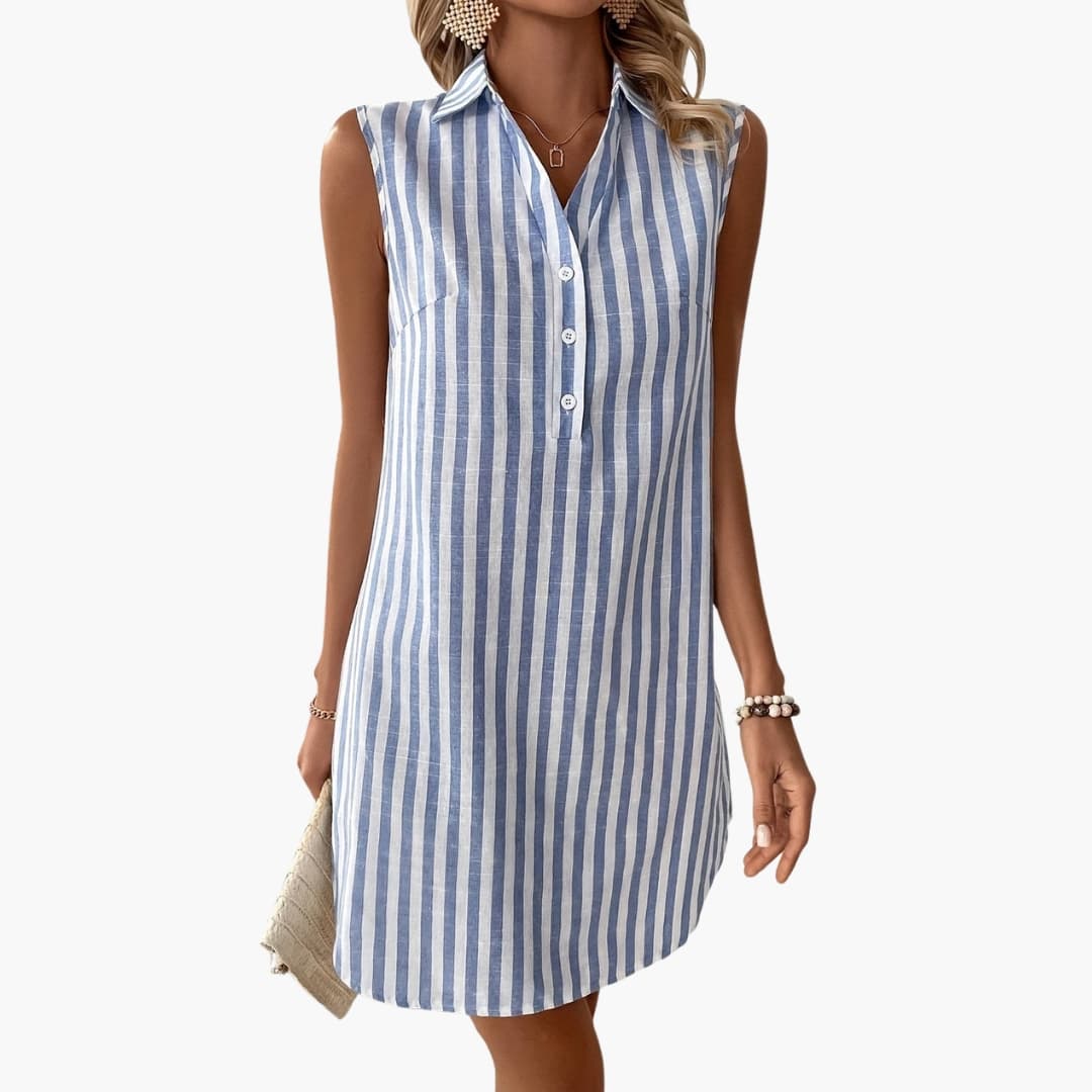 Sara - Women’s Striped Button-Down Collared Midi Shirt Dress