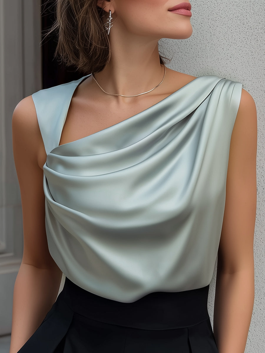Madie - Elegant Sleeveless Satin Draped Neck Blouse