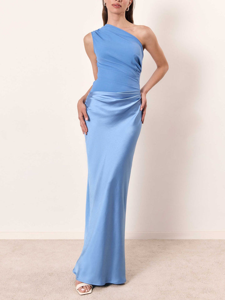 Anita - Elegant One Shoulder Neck Pleated Maxi Dress