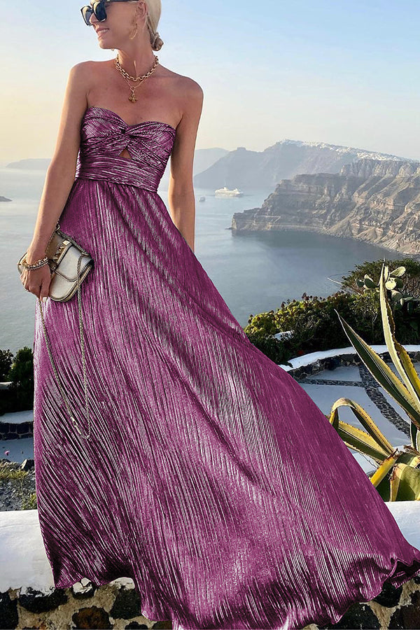 Elena - Strapless A-Line Pleated Metallic Maxi Dress