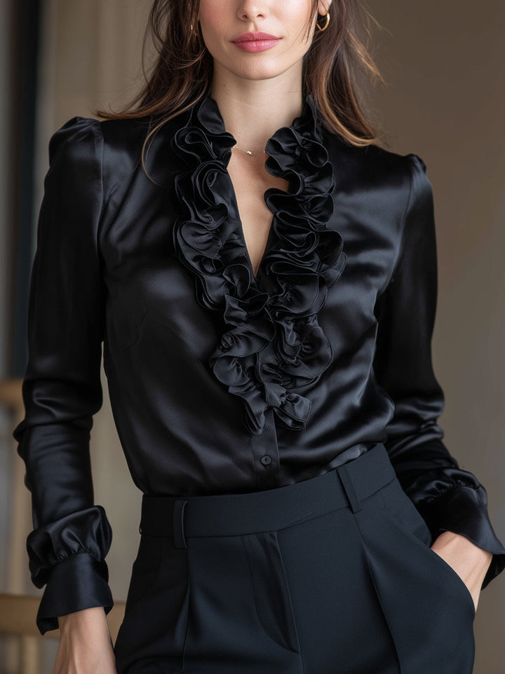 Mika - Black Satin Ruffled Long Sleeve V-Neck Blouse
