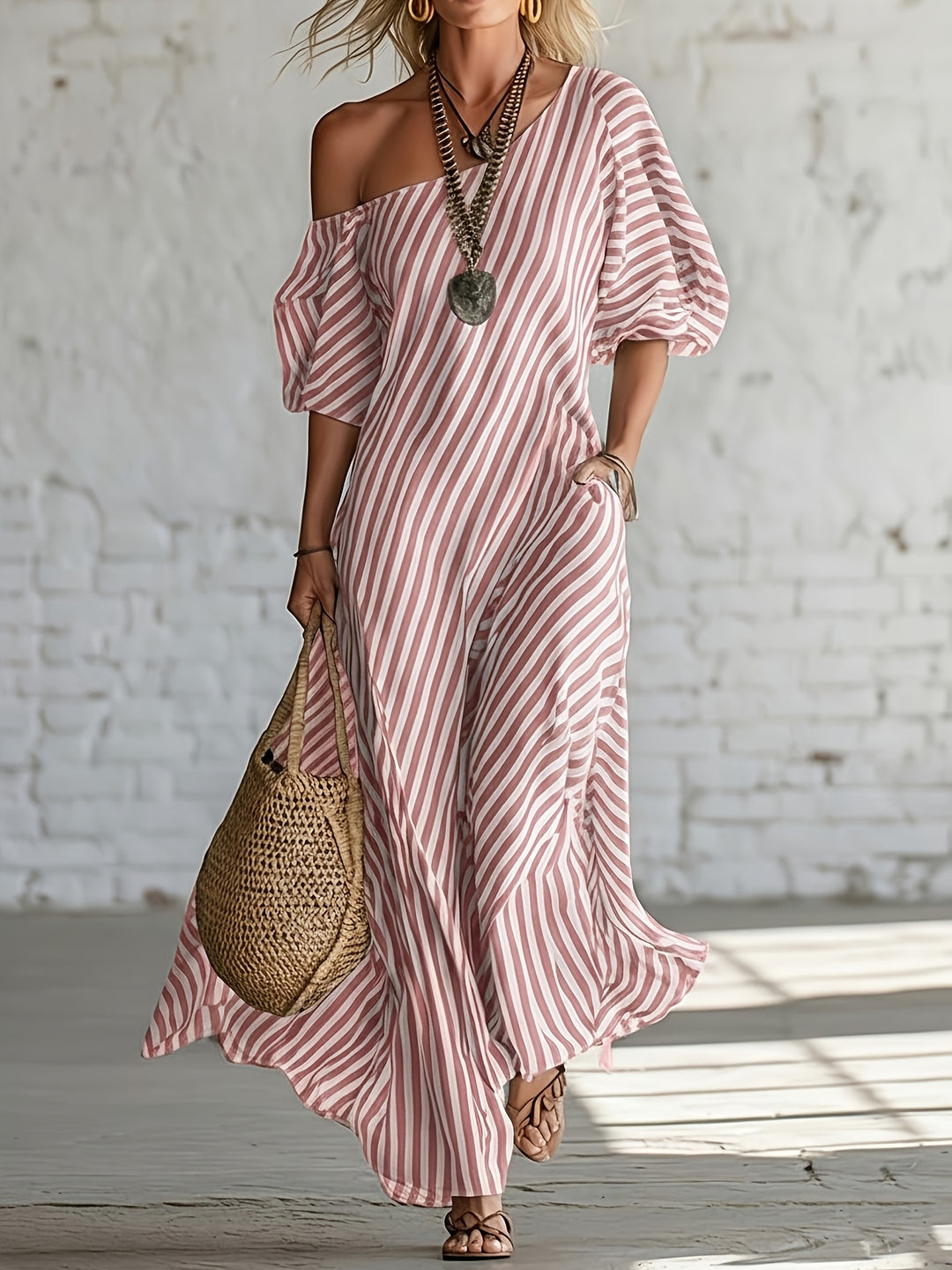 Helena - Striped One-Shoulder Summer Maxi Dress