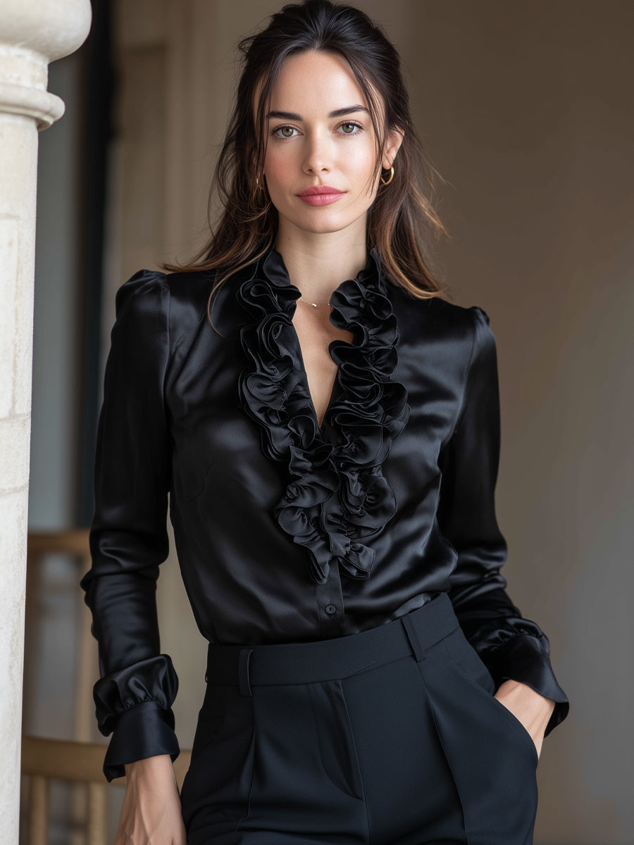 Mika - Black Satin Ruffled Long Sleeve V-Neck Blouse