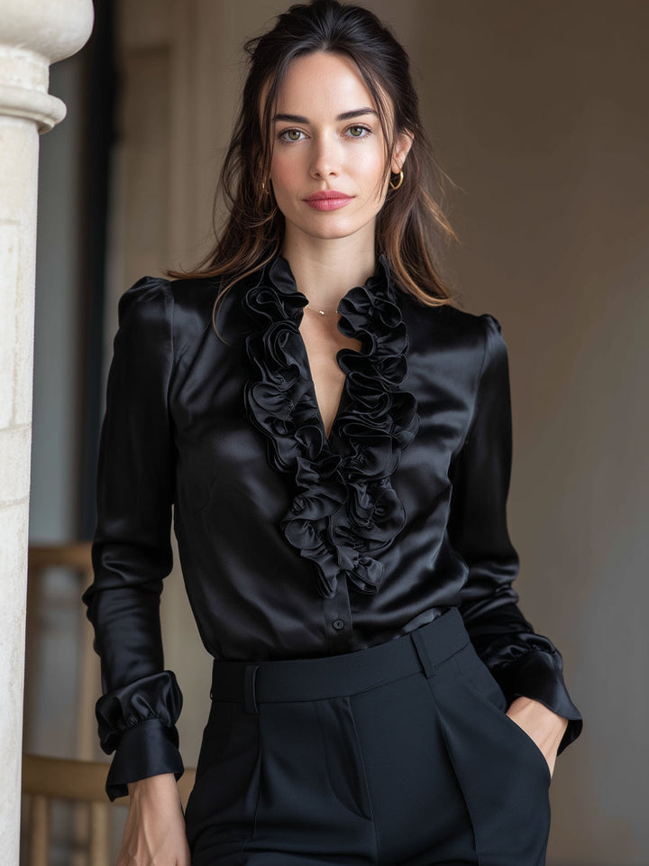 Mika - Black Satin Ruffled Long Sleeve V-Neck Blouse