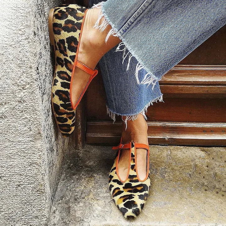 Flavia - Womens Leopard T Strap Flat Loafers
