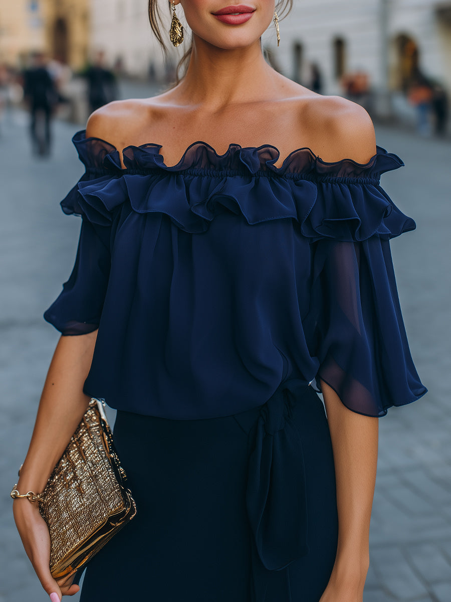 Elina - Off-Shoulder Ruffled Chiffon Top Blouse