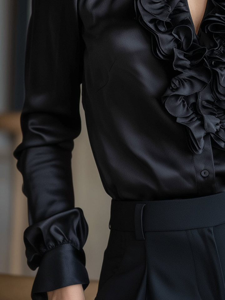 Mika - Black Satin Ruffled Long Sleeve V-Neck Blouse