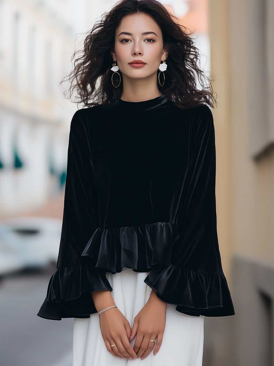 Bree - Round Neck Velvet Ruffle-Trim Blouse