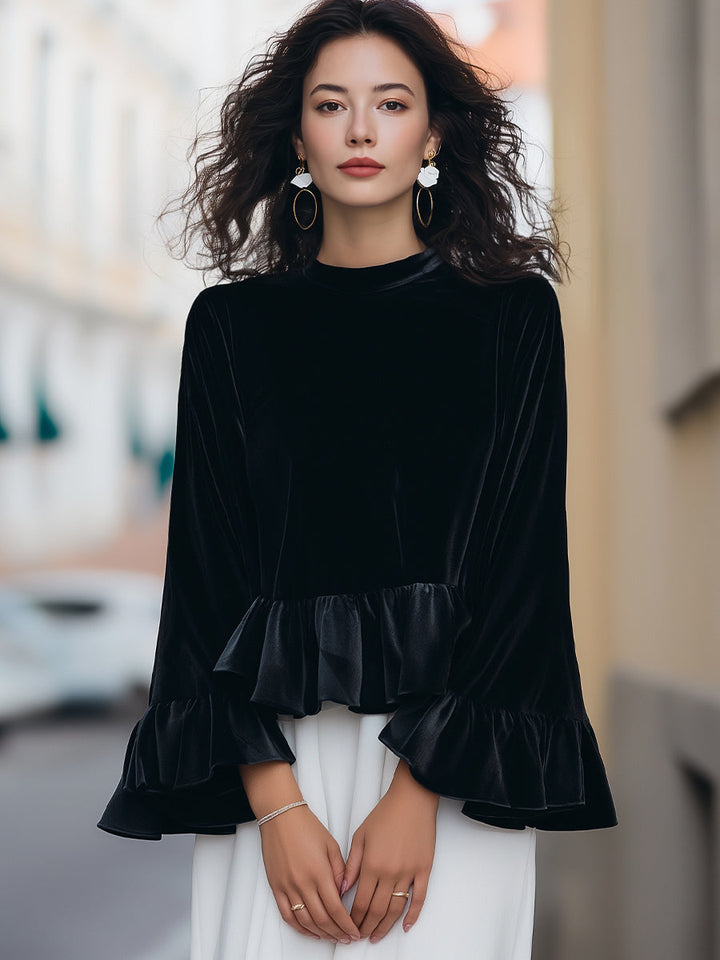 Bree - Round Neck Velvet Ruffle-Trim Blouse
