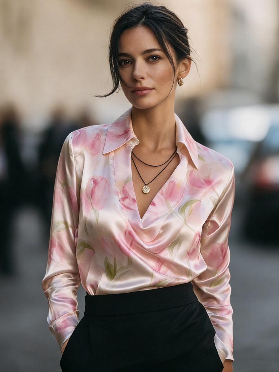 Nora - Elegant Pink Satin Floral Blouse