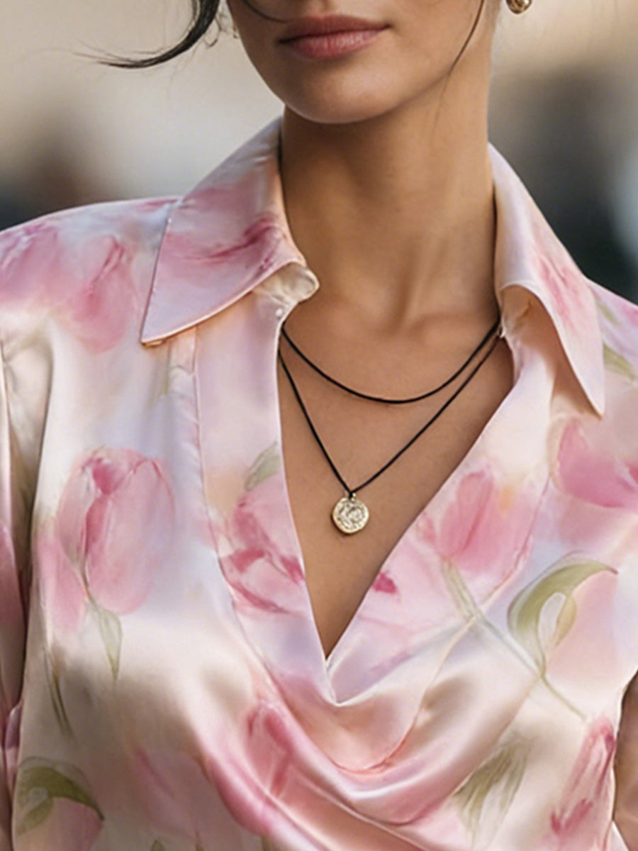 Nora - Elegant Pink Satin Floral Blouse
