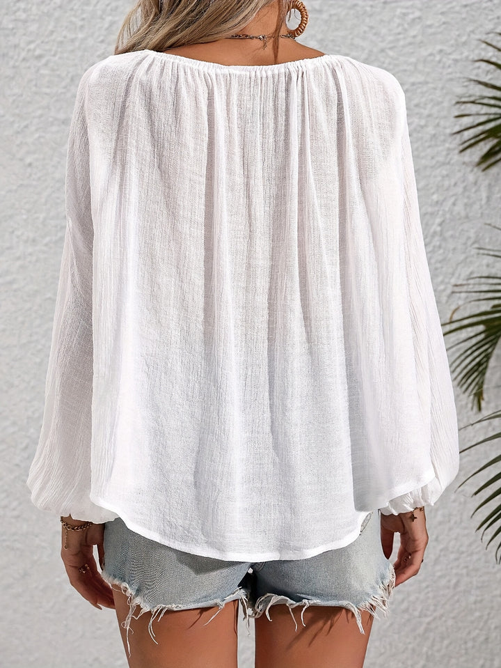 Grace - White Puff Sleeve Blouse with Tassel Cord
