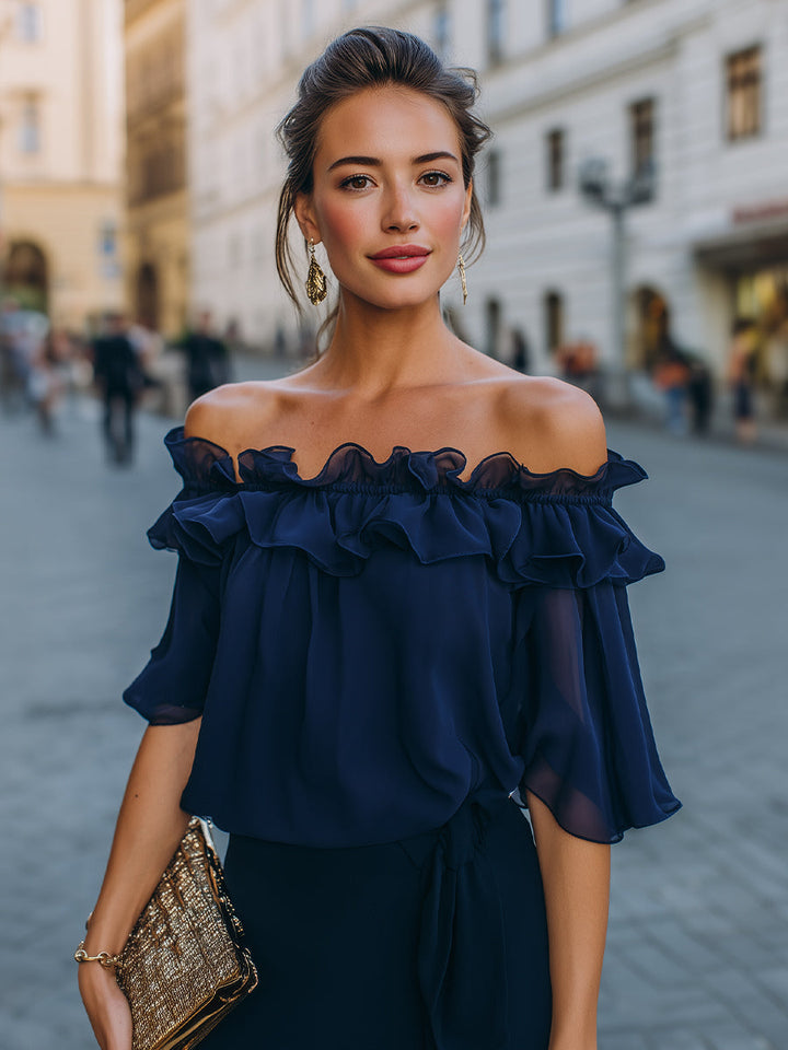 Elina - Off-Shoulder Ruffled Chiffon Top Blouse