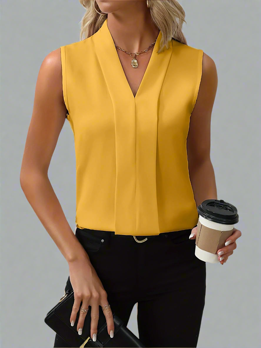 Claire - Sleeveless Pleated Front V-Neck Blouse