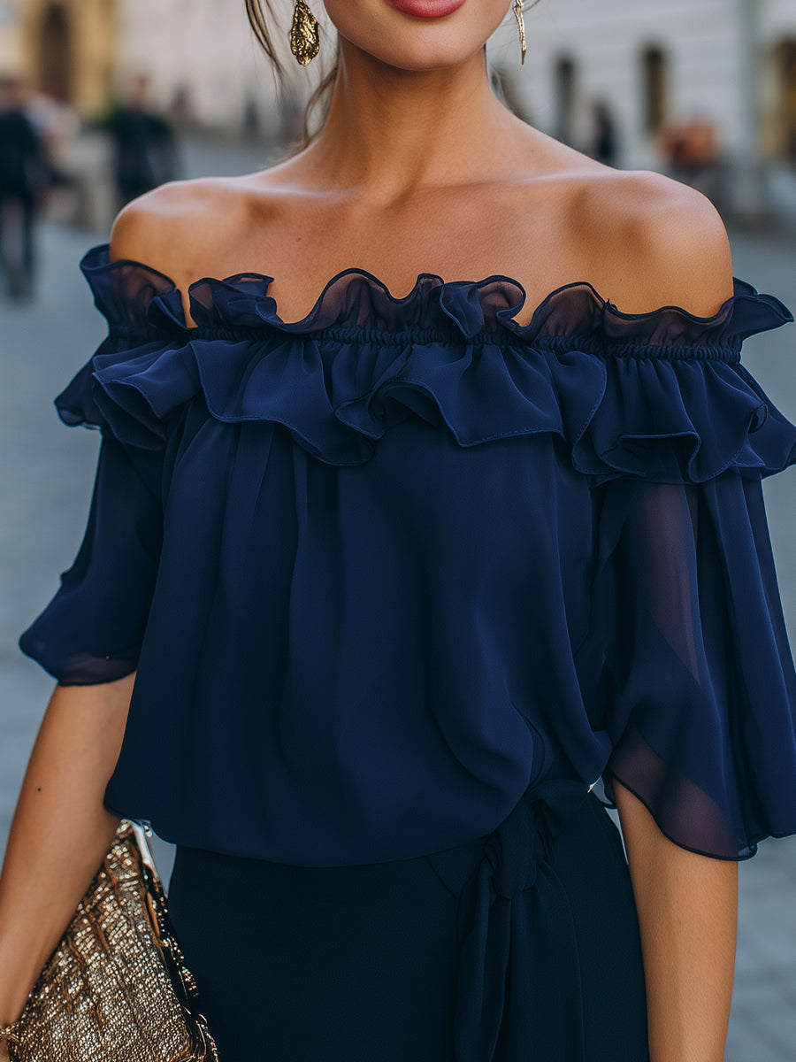 Elina - Off-Shoulder Ruffled Chiffon Top Blouse