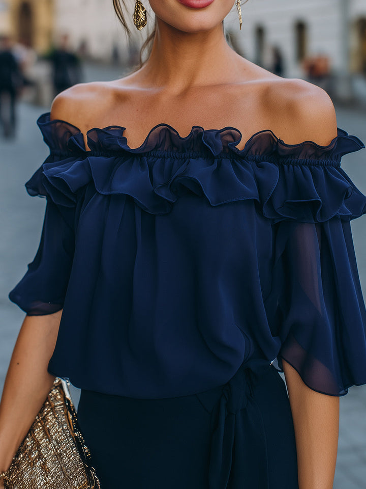 Elina - Off-Shoulder Ruffled Chiffon Top Blouse