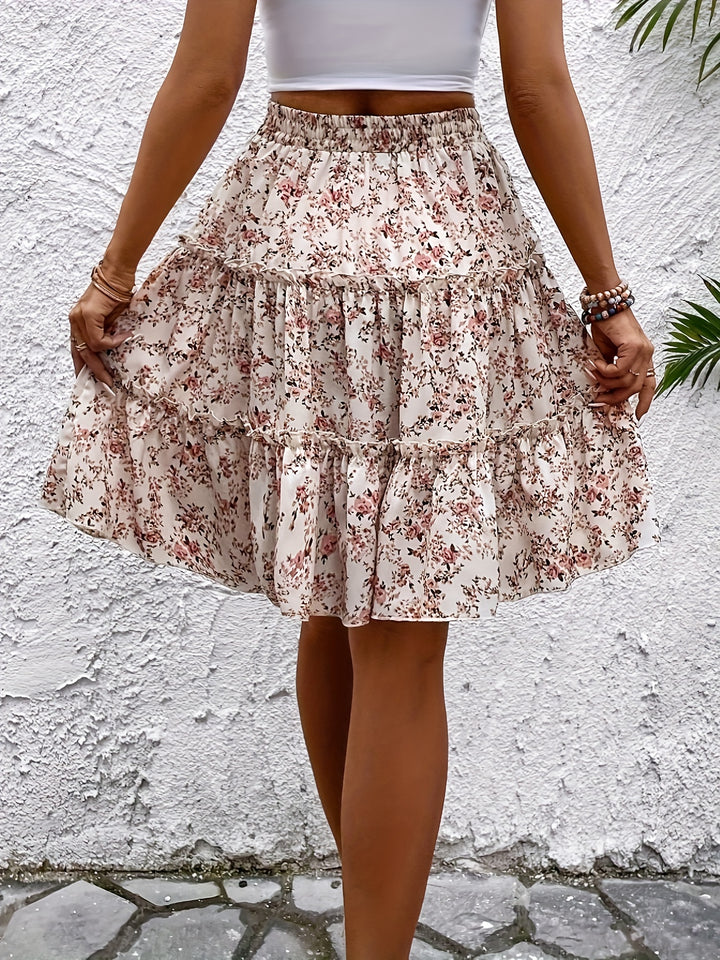 Luna - Women’s Floral Elastic Waist Midi Skirt