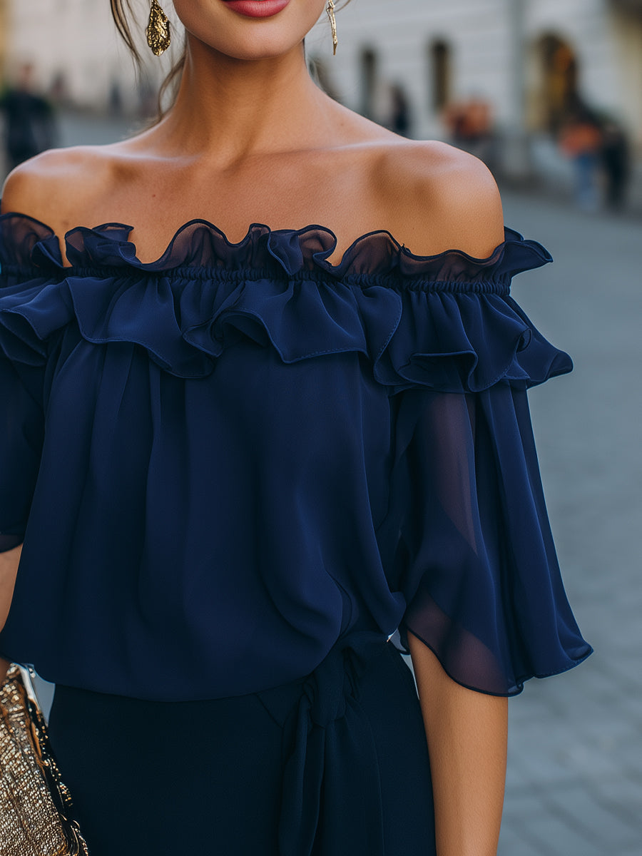Elina - Off-Shoulder Ruffled Chiffon Top Blouse
