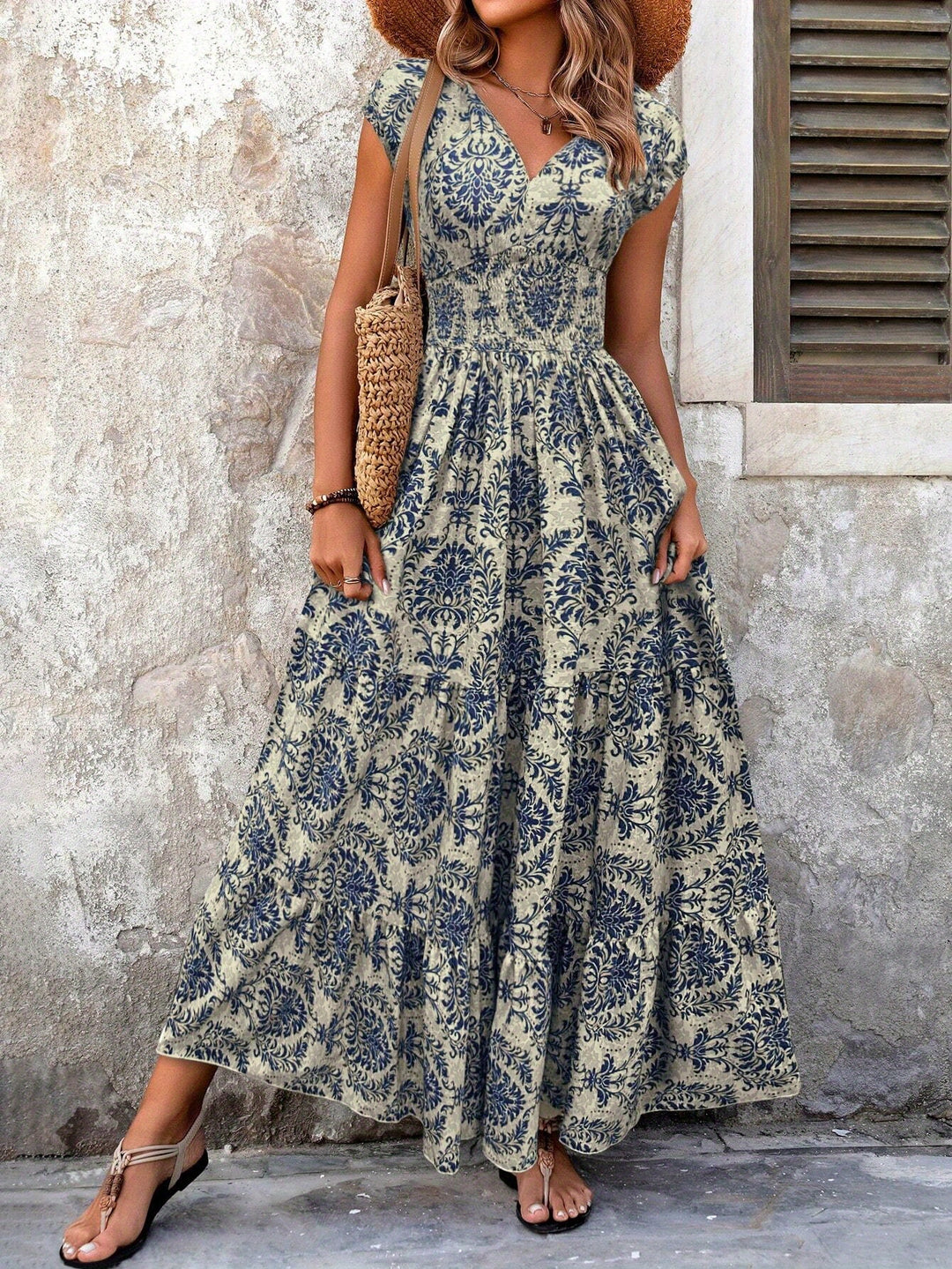 Laura - Printed Patchwork V-Neck Maxi Dress