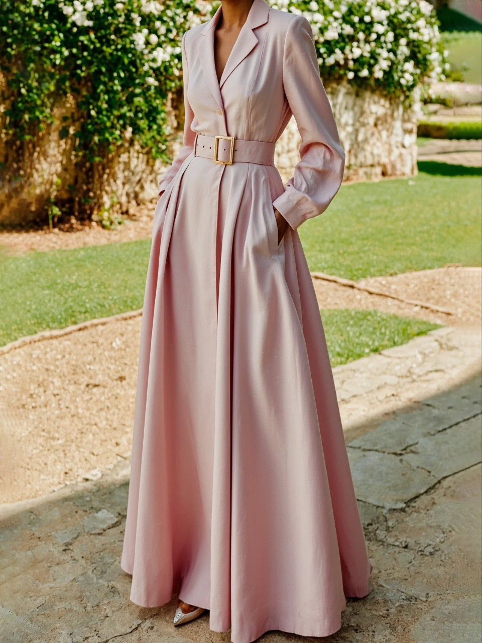 Cery - Women Elegant Pleated Blazer Maxi Dress