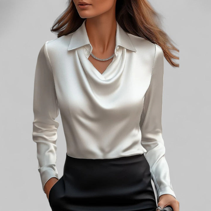 Rose | Women Draped Neck Long Sleeve Satin Blouse