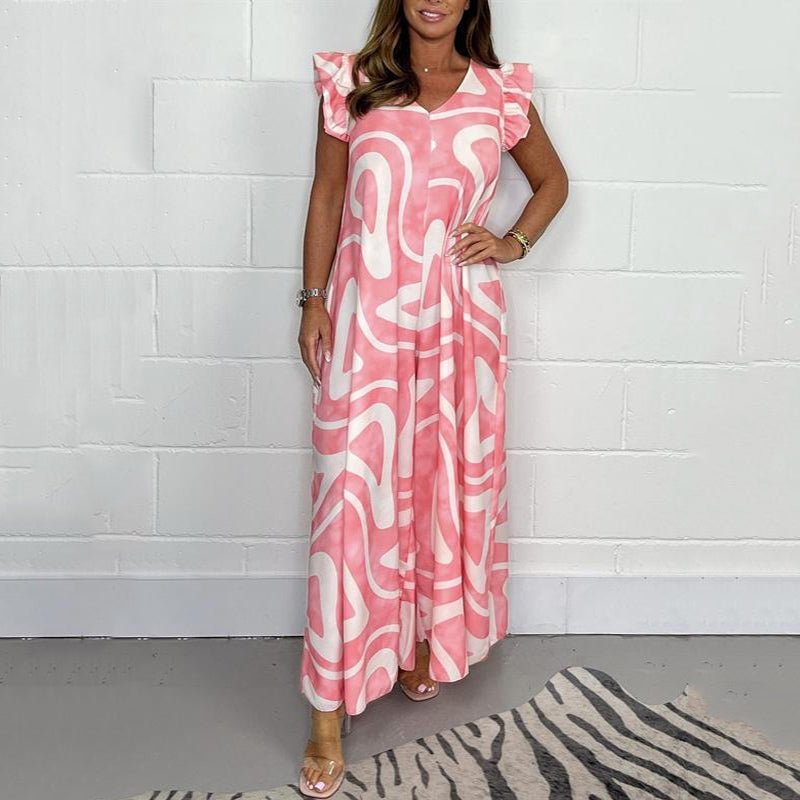 Nova - Women Abstract Print Ruffle Sleeve Wide Leg Jumpsuit
